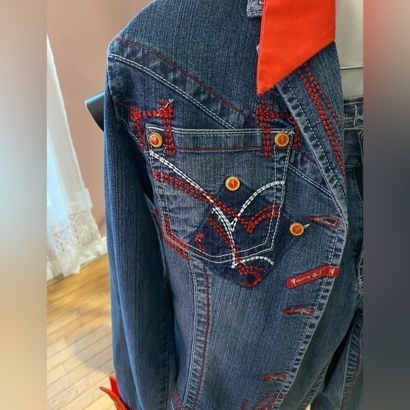 JOHNNY Girl" Western Denim Jacket and Pants Set Red stitch graphic logo - Picture 3 of 16